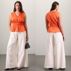Roksanda Collective Women Peplum Top 4 Orange Sleeveless V Neck Cotton Chic Bold